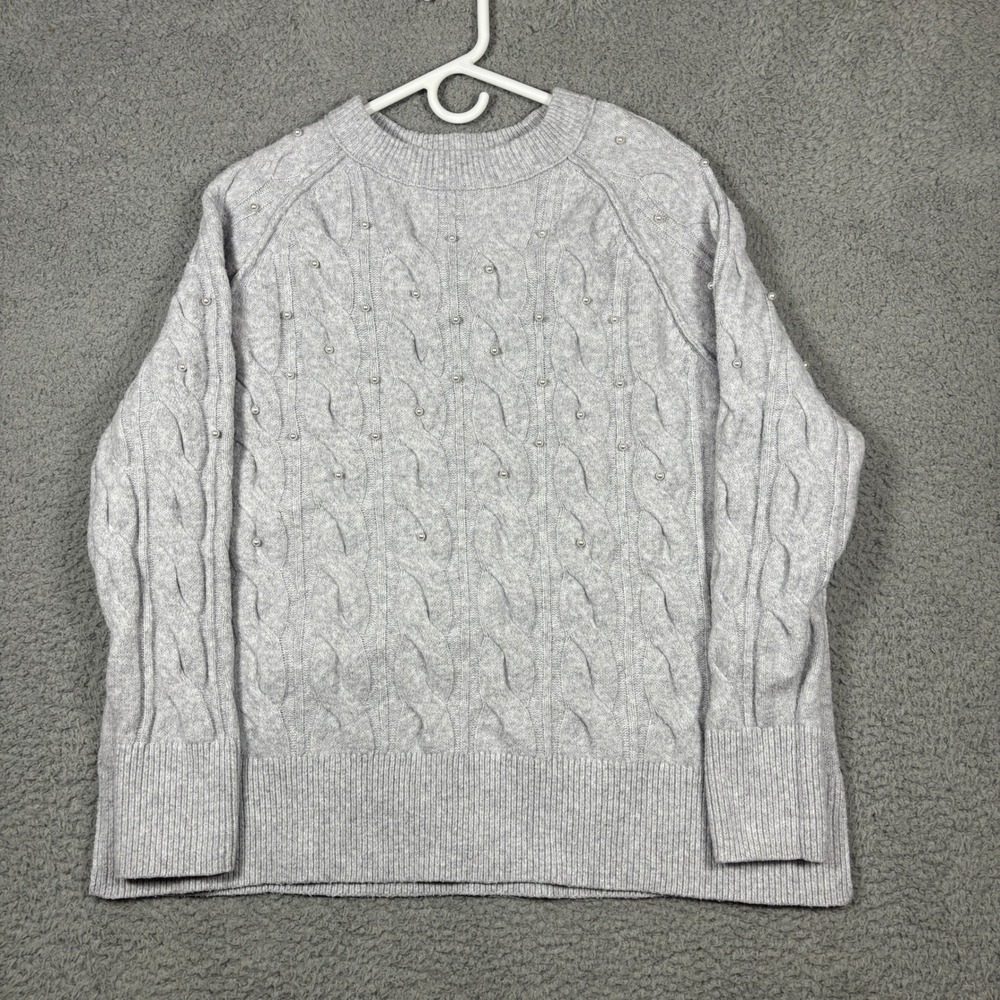 Aerie Sweater Womens Medium Gray Pearl Embellished Cable Knit Crew Neck Relaxed